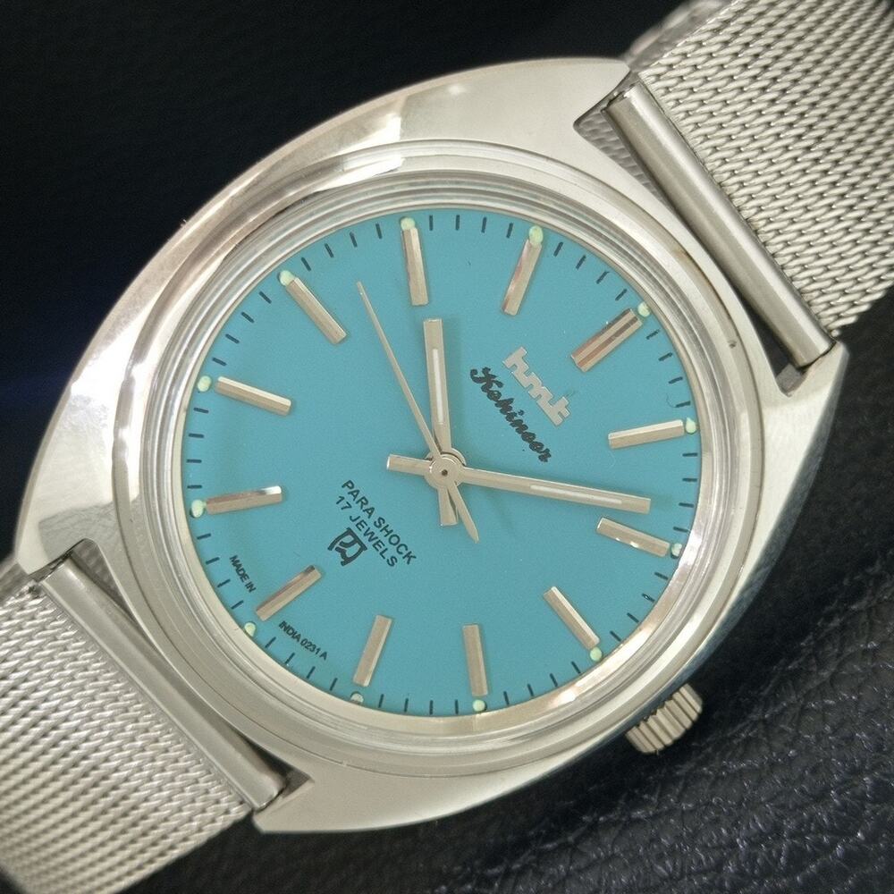 Vintage 1975 HMT Manual Wound Mens Silver Watch & Teal accents